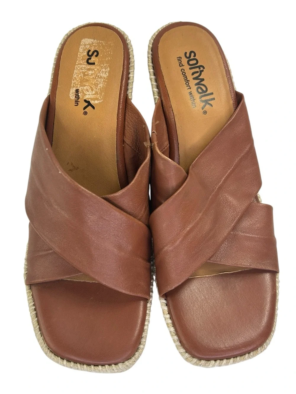 Softwalk Hastings Wedge Espadrilles brown leather cross cross size 8